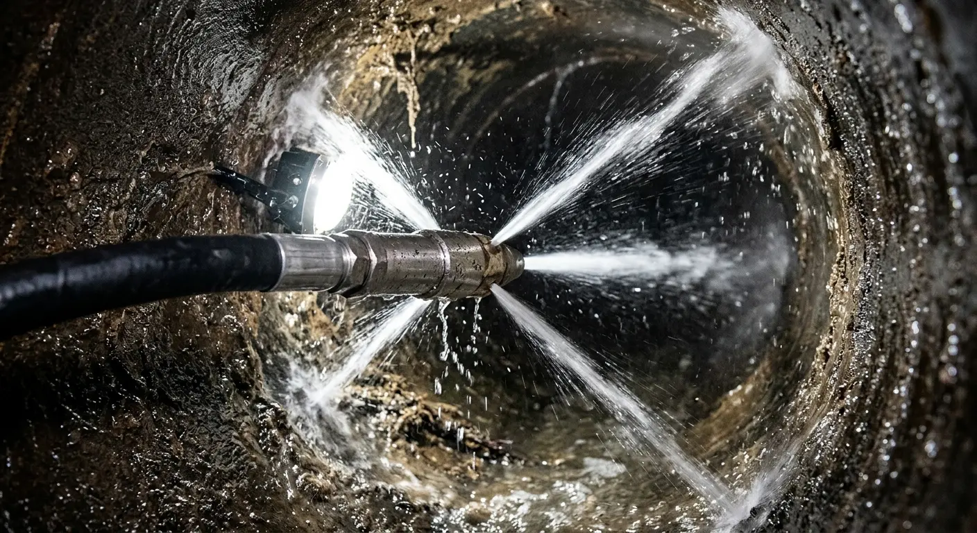High-pressure hydro jetting nozzle cleaning sewer pipe for Emergency Drain Service in Elmwood Park