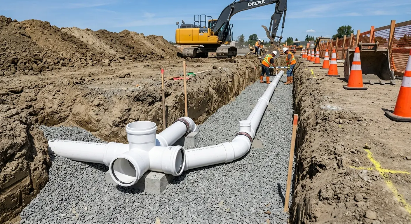 New PVC sewer pipe installation in open trench for Sewer Backup in Elmwood Park
